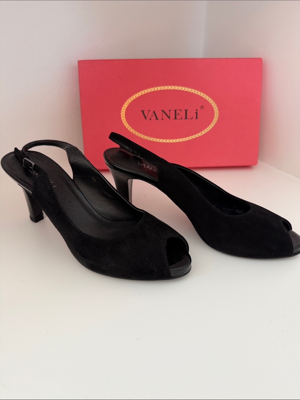 Vaneli 9 Narrow Black Suede Peep-Toe Slingback Heels